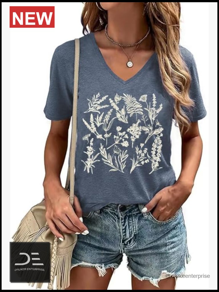 Vintage Boho Floral V-Neck T-Shirt Summer Casual Short Sleeve